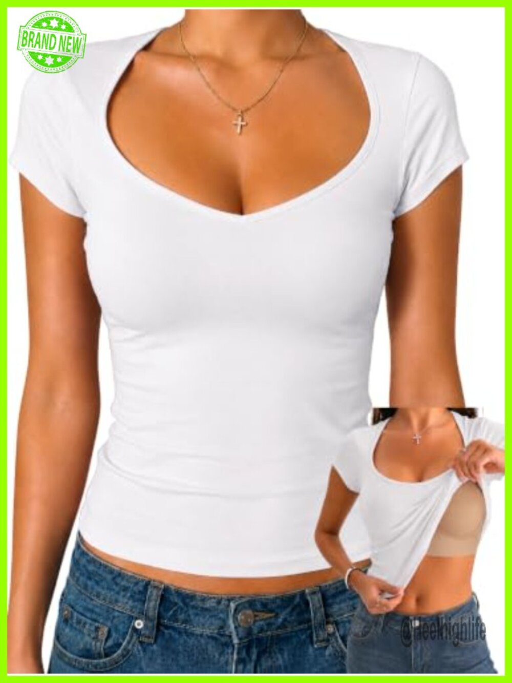 Women's Fitted Crop T-Shirt with Built-in Bra Cotton Short Sleeve